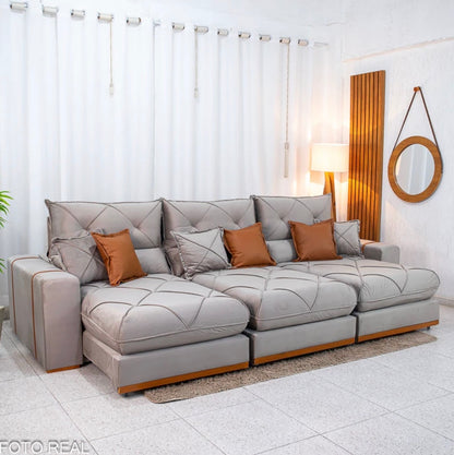 Sofá Retrátil Reclinável Gran Bello 3.20m Veludo Capuccino - Molas Ensacadas