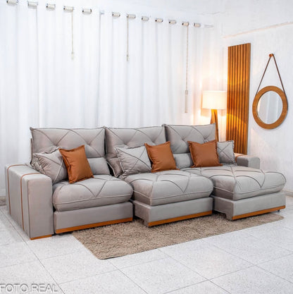 Sofá Retrátil Reclinável Gran Bello 3.20m Veludo Capuccino - Molas Ensacadas
