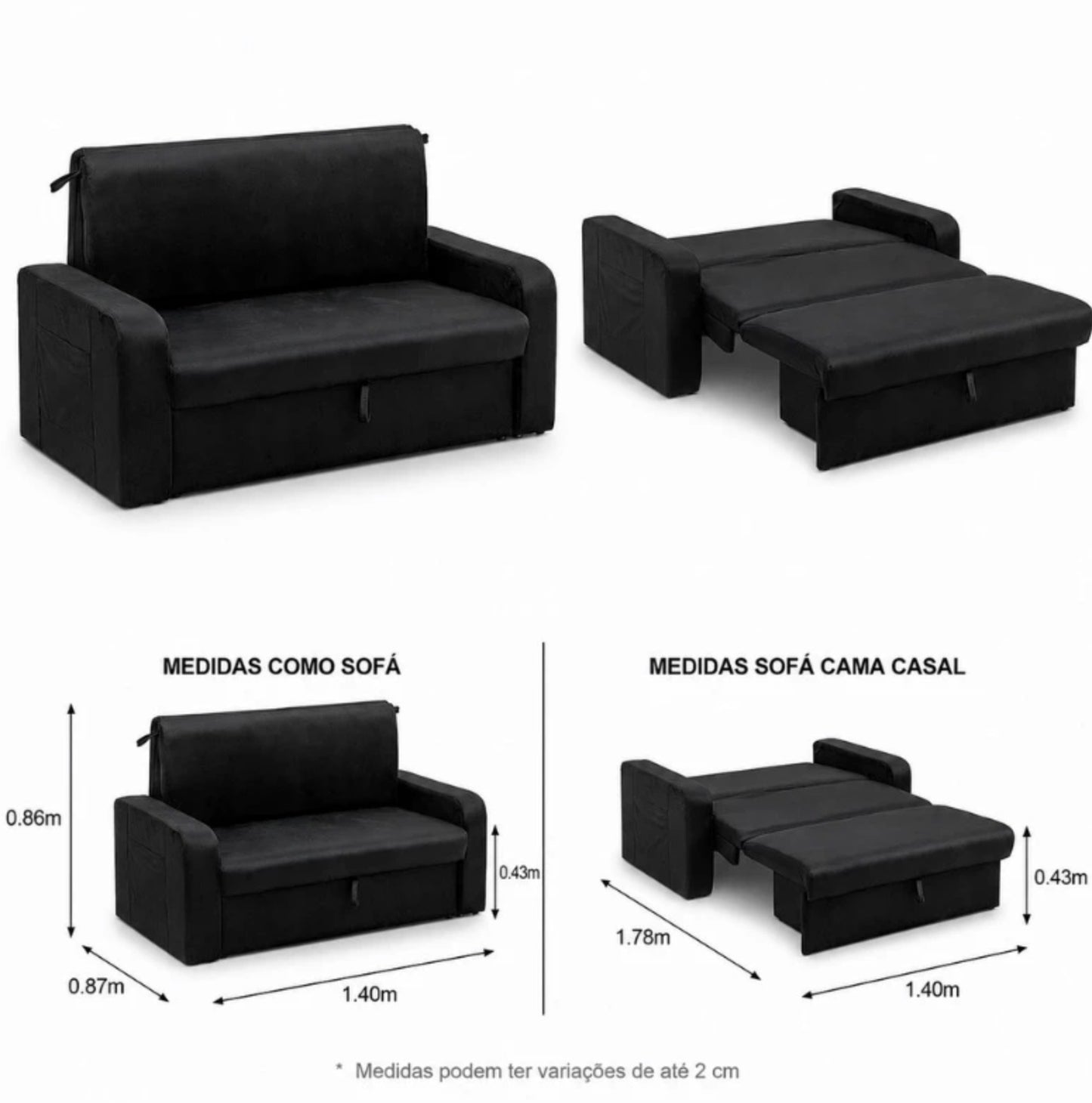 Sofá Cama Daiane Larg. 1.40m C/Baú Veludinho Preto 379/451
