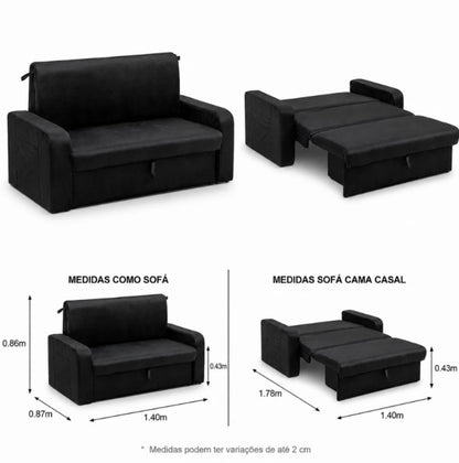 Sofá Cama Daiane Larg. 1.40m C/Baú Veludinho Preto 379/451