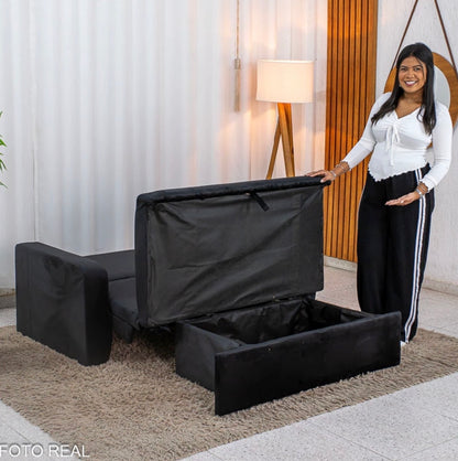 Sofá Cama Daiane Larg. 1.40m C/Baú Veludinho Preto 379/451