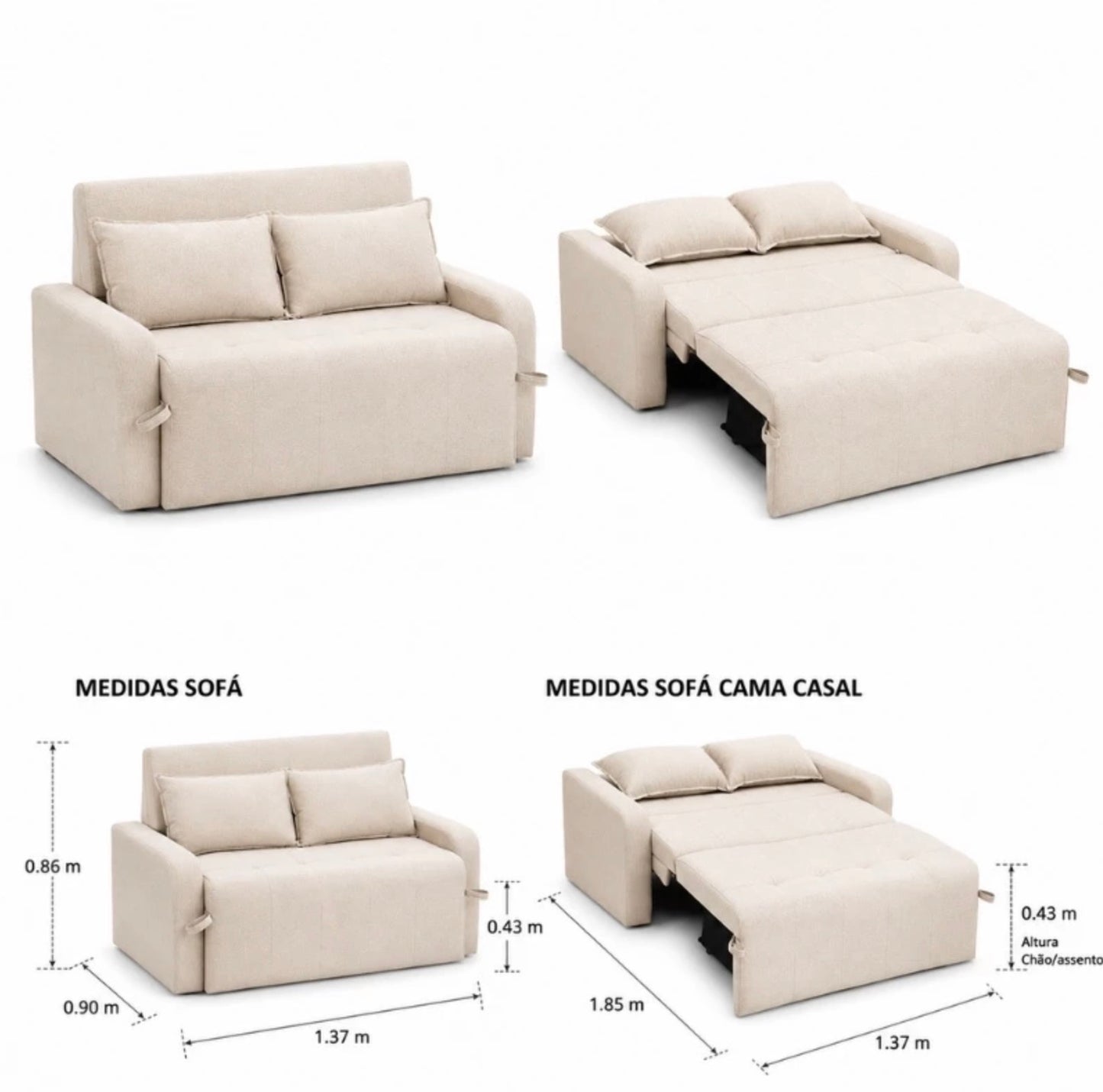 Sofá Cama Amora New Larg. 1.37m Linho Bege 488