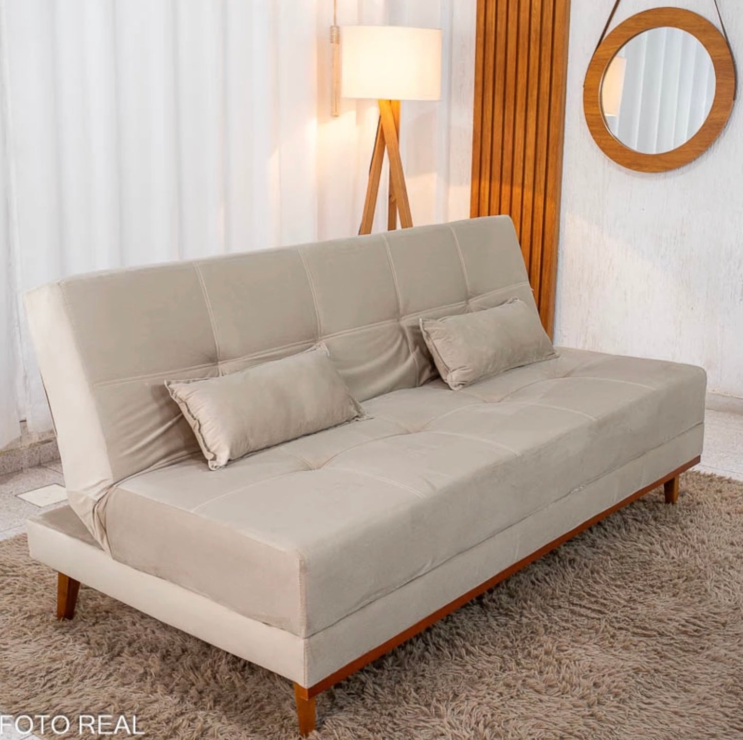 Sofá Cama Madrid Veludo Bege 2269 Larg. 1.80m - Molas Bonnel