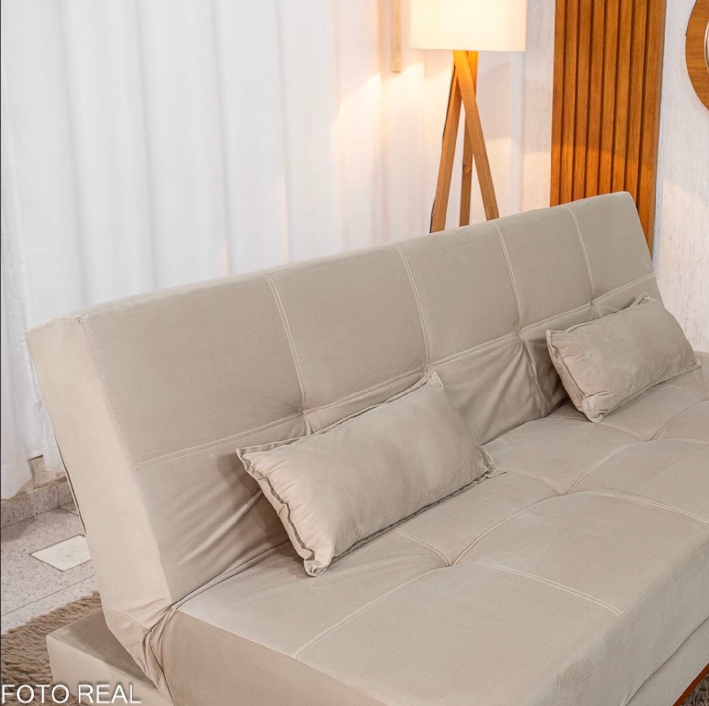 Sofá Cama Madrid Veludo Bege 2269 Larg. 1.80m - Molas Bonnel