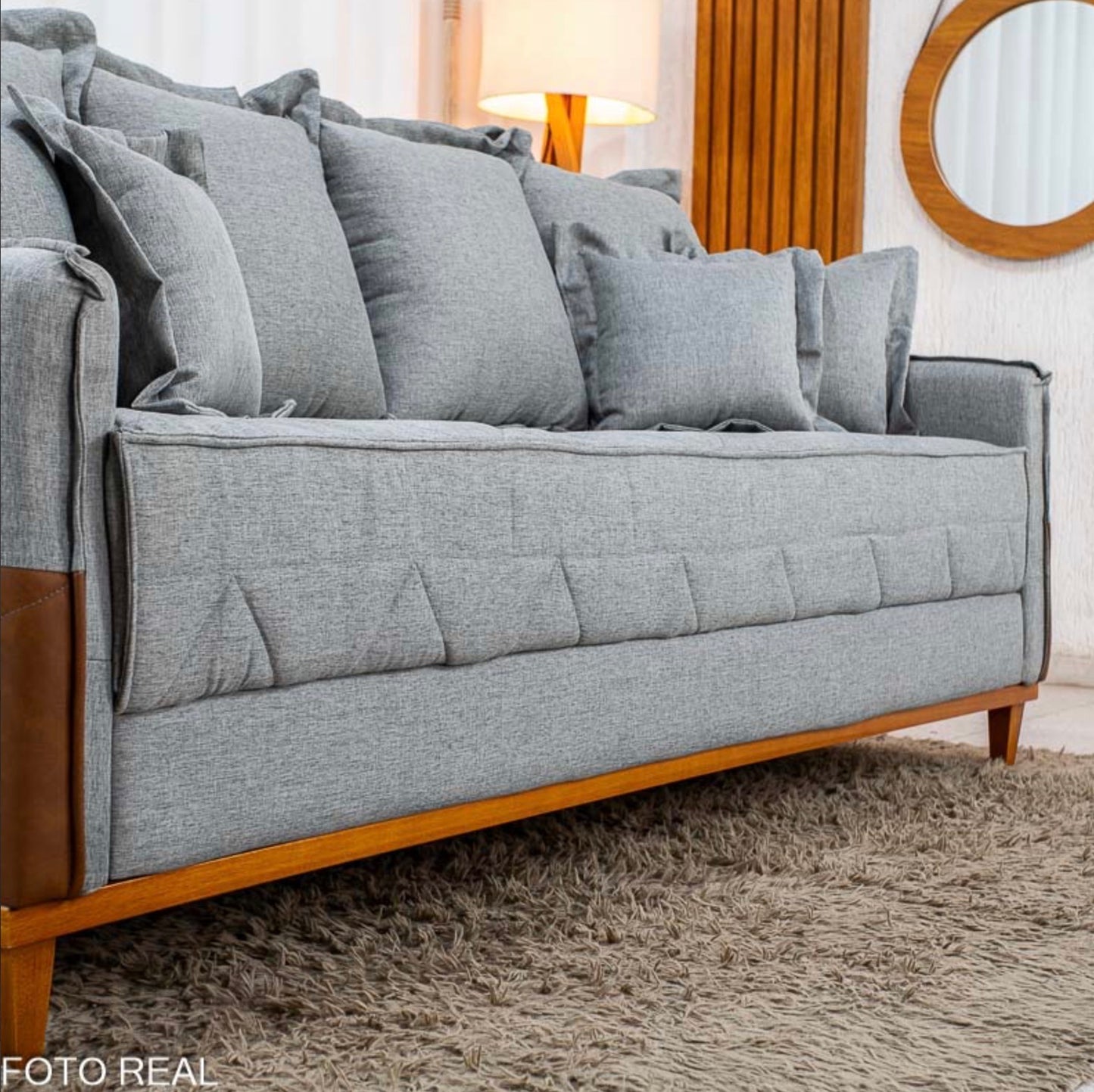 Sofá 4 Lugares Living Luca 2.10m Linho Cinza C/ Detalhe - Molas Bonnel