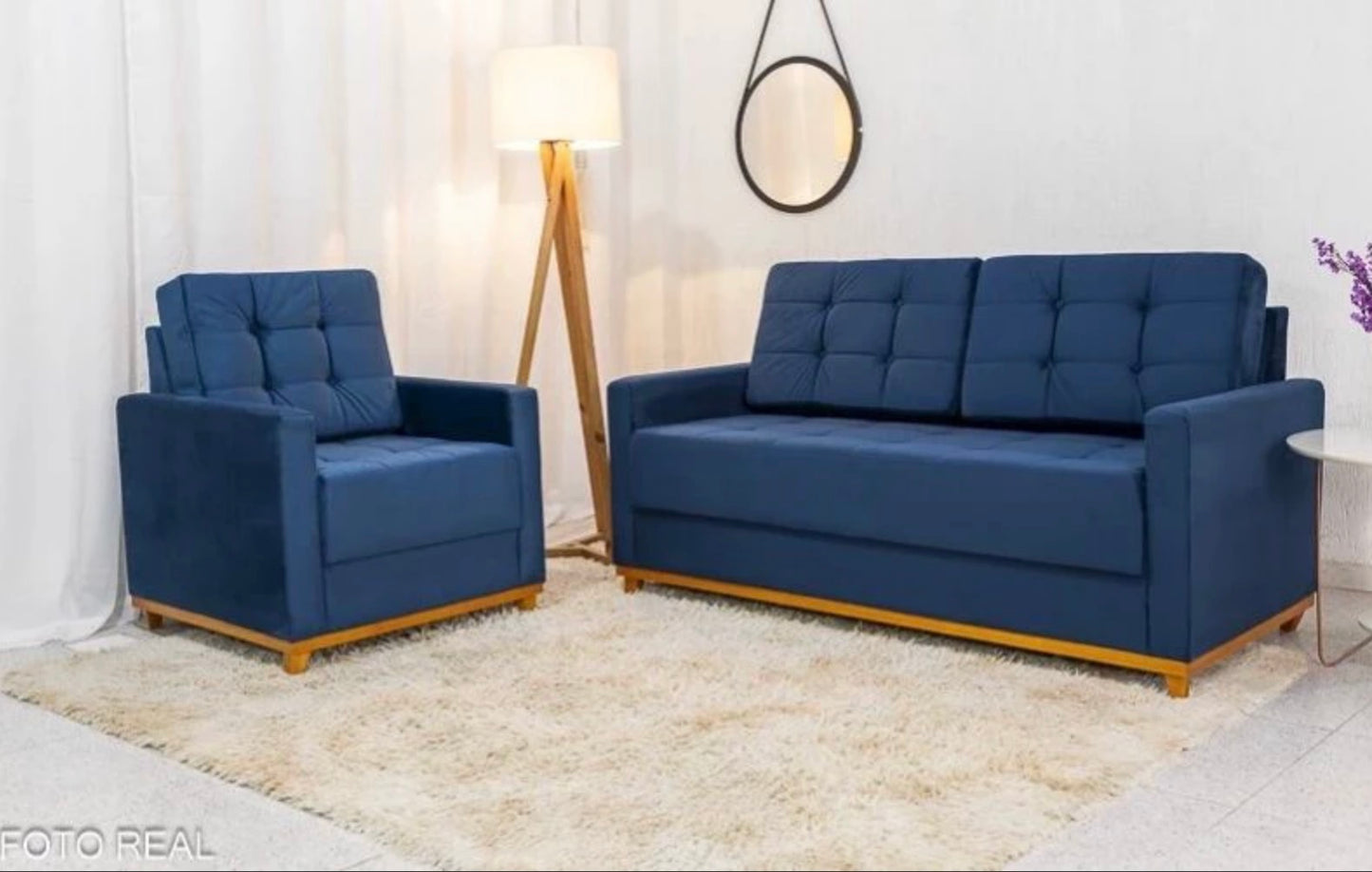 Sofá Áustria 3 Lugares + Poltrona Áustria Veludo Azul A16