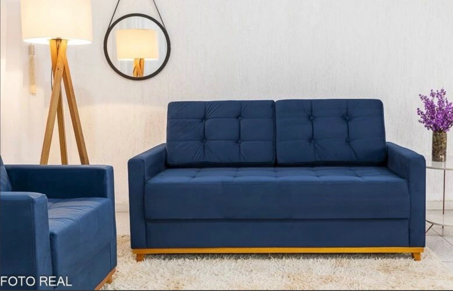 Sofá Áustria 3 Lugares + Poltrona Áustria Veludo Azul A16