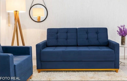 Sofá Áustria 3 Lugares + Poltrona Áustria Veludo Azul A16