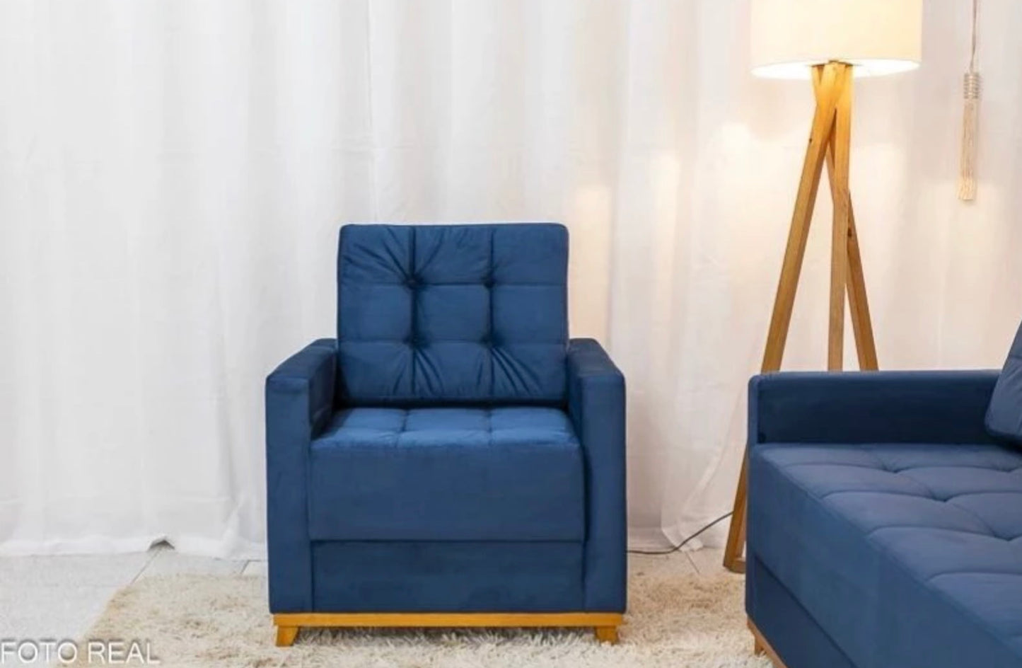 Sofá Áustria 3 Lugares + Poltrona Áustria Veludo Azul A16