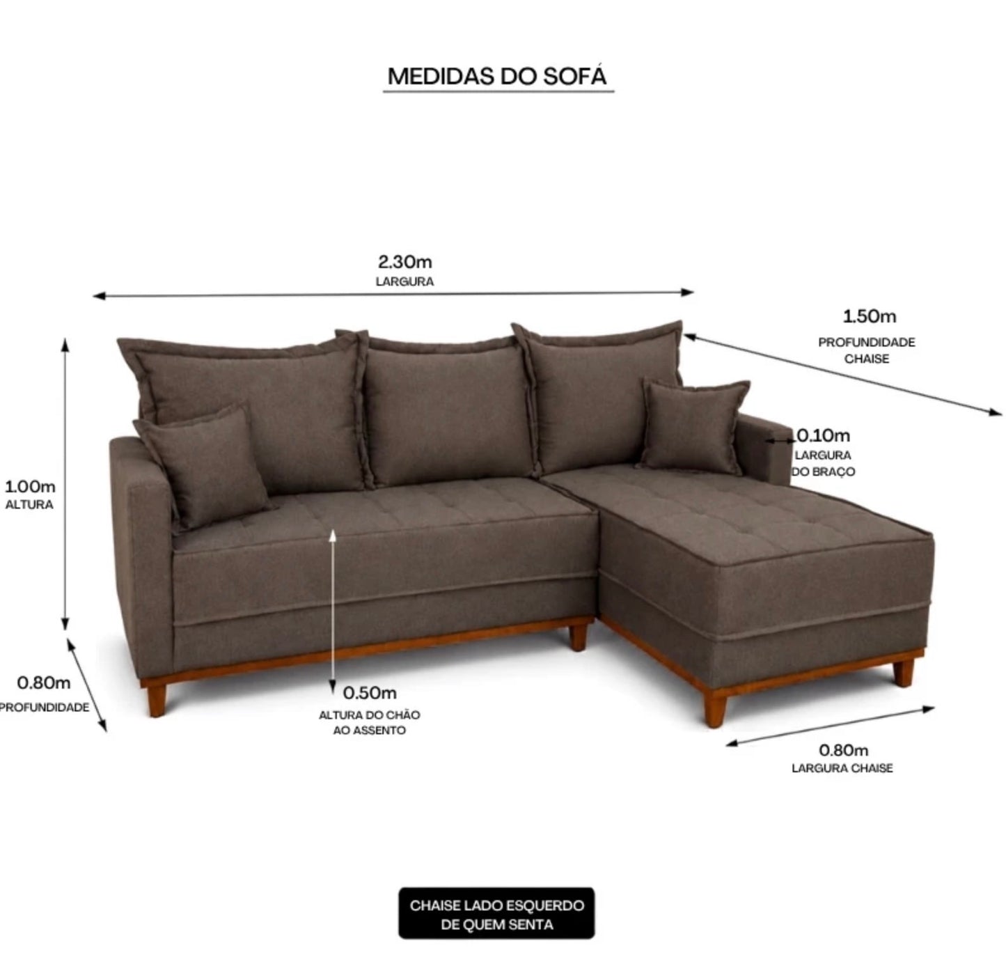 Sofá 3 Lugares Milão 2.30 m Chaise Lado Esquerdo Linho Marrom 1007 - Molas Ensacadas