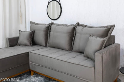Sofá 3 Lugares Milão 2.30 m Chaise Lado Direito Veludo Cinza 813 - Molas Ensacadas
