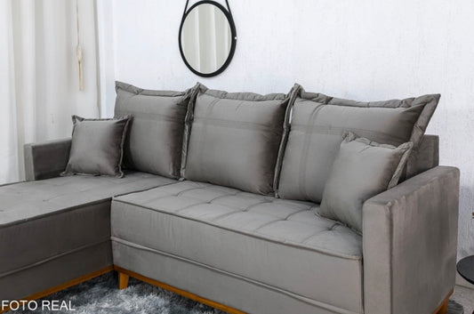 Sofá 3 Lugares Milão 2.30 m Chaise Lado Direito Veludo Cinza 813 - Molas Ensacadas