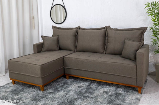 Sofá 3 Lugares Milão 2.30 m Chaise Lado Direito Linho Marrom 1007 - Molas Ensacadas