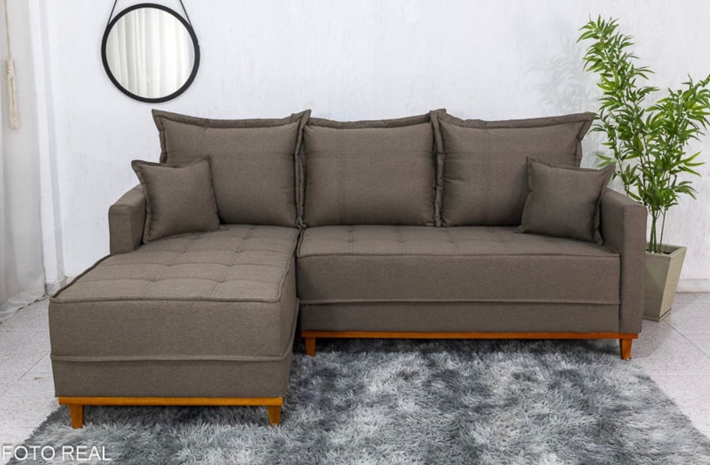 Sofá 3 Lugares Milão 2.30 m Chaise Lado Direito Linho Marrom 1007 - Molas Ensacadas