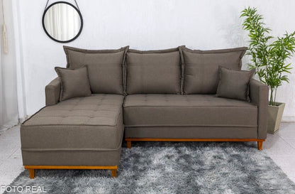 Sofá 3 Lugares Milão 2.30 m Chaise Lado Direito Linho Marrom 1007 - Molas Ensacadas