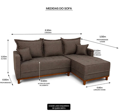 Sofá 3 Lugares Milão 2.30 m Chaise Lado Esquerdo Linho Marrom 1007 - Molas Ensacadas