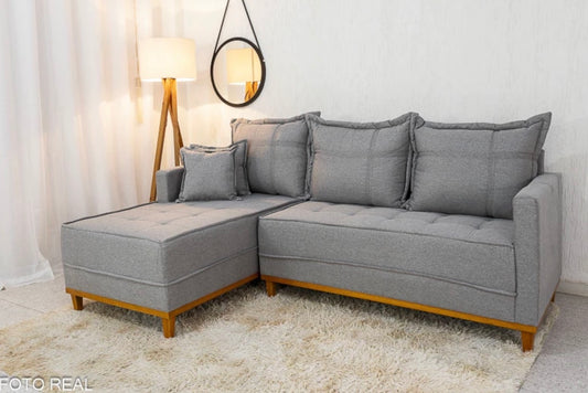 Sofá 3 Lugares Milão 2.30 m Chaise Lado Direito Linho Cinza 1008 - Molas Ensacadas