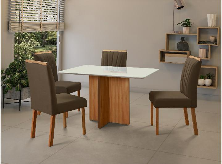 Mesa de Jantar 1,00×0,80 Vidro/Base Madeira + 4 Cadeiras – Entregue Montada