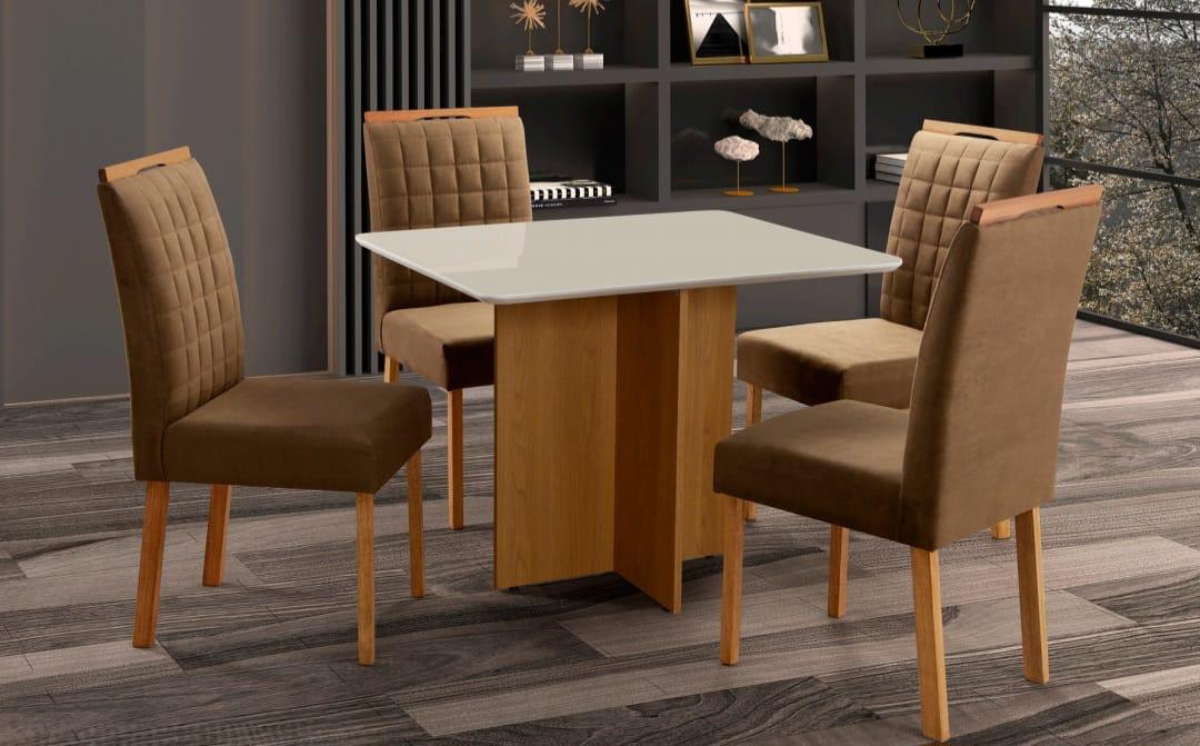 Mesa de Jantar 1,00×0,80 Vidro/Base Madeira + 4 Cadeiras – Entregue Montada