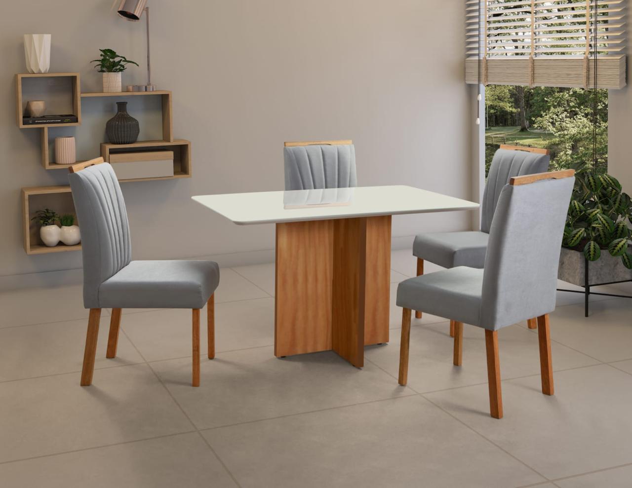 Mesa de Jantar 1,00×0,80 Vidro/Base Madeira + 4 Cadeiras – Entregue Montada