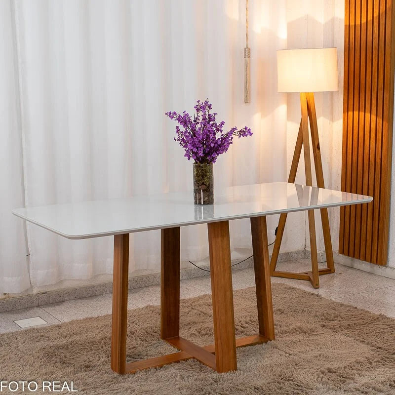 Mesa de Jantar Pedro 160×80 Vidro Off/Base Madeira Art Assento – Entregue Montada