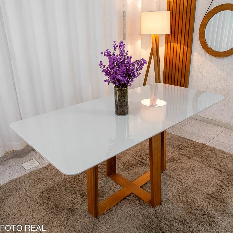 Mesa de Jantar Pedro 160×80 Vidro Off/Base Madeira + 6 Cad. Lisboa Veludo Marrom 509 Madeira Art Assento – Entregue Montada
