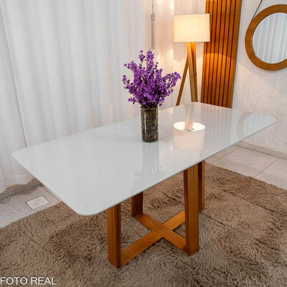 Mesa de Jantar Pedro 160×80 Vidro Off/Base Madeira Art Assento – Entregue Montada