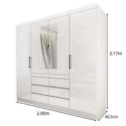 Guarda-Roupa Império Larg. 2.00m Branco 4 Portas 6 Gavetas com Espelho – Carioca