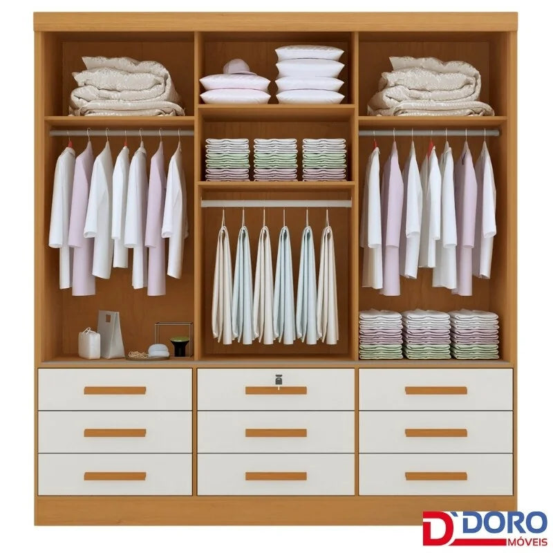 Guarda-roupa Casal Meridian Plus Cinamomo 3 Portas 9 Gavetas C/ 1 Espelho Larg. 2.00m – D Doro