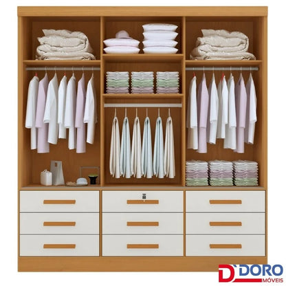Guarda-roupa Casal Meridian Plus Cinamomo 3 Portas 9 Gavetas C/ 1 Espelho Larg. 2.00m – D Doro