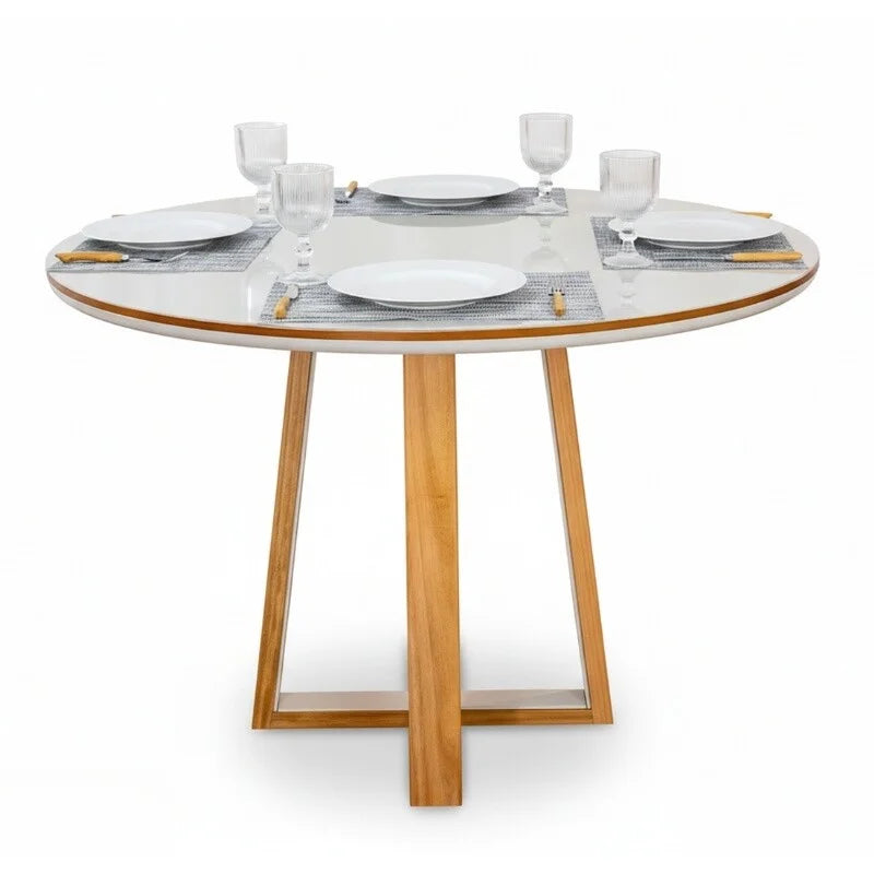 Mesa de Jantar Atlanta Redonda 120cm Vidro Off/Base Madeira – Minas Plac