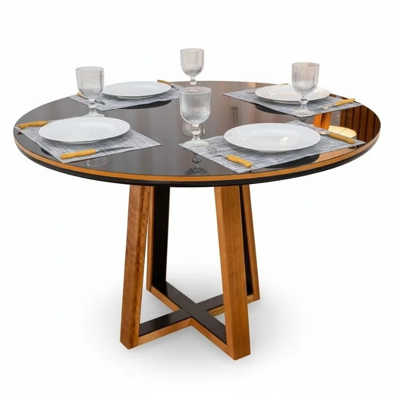 Mesa de Jantar Atlanta Redonda 120cm Vidro Preto/Base Madeira – Minas Plac