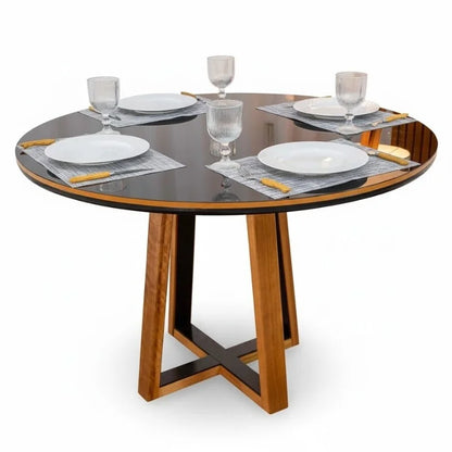Mesa de Jantar Atlanta Redonda 120cm Vidro Preto/Base Madeira – Minas Plac