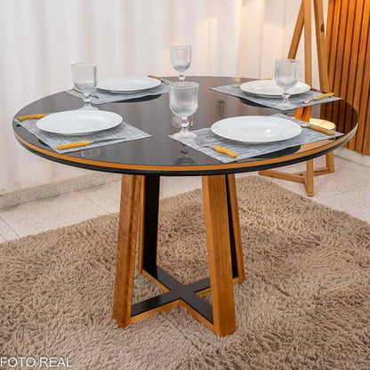 Mesa de Jantar Atlanta Redonda 120cm Vidro Preto/Base Madeira – Minas Plac + 4 Cad. Isabela Linho Cinza 05 Madeira KM Decor – Entregue Montada