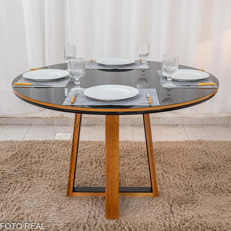 Mesa de Jantar Atlanta Redonda 120cm Vidro Preto/Base Madeira – Minas Plac