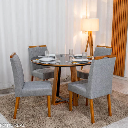 Mesa de Jantar Atlanta Redonda 120cm Vidro Preto/Base Madeira – Minas Plac + 4 Cad. Isabela Linho Cinza 05 Madeira KM Decor – Entregue Montada