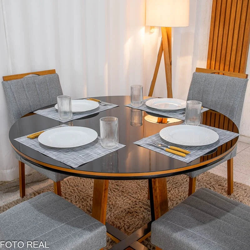 Mesa de Jantar Atlanta Redonda 120cm Vidro Preto/Base Madeira – Minas Plac + 4 Cad. Isabela Linho Cinza 05 Madeira KM Decor – Entregue Montada