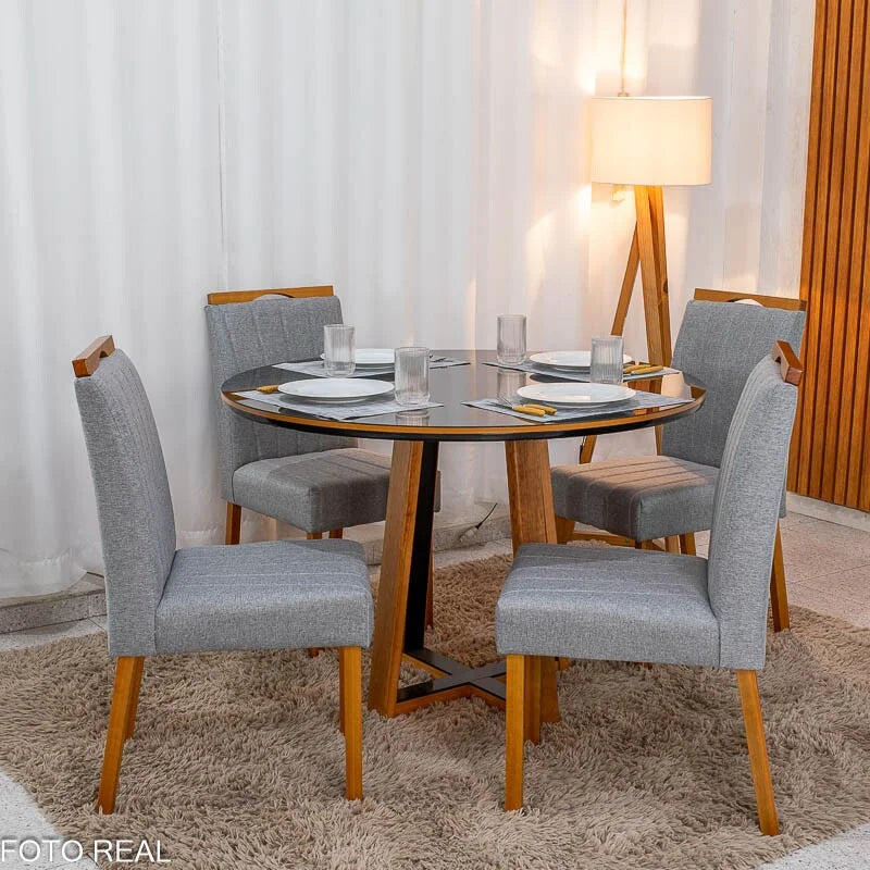 Mesa de Jantar Atlanta Redonda 120cm Vidro Preto/Base Madeira – Minas Plac + 4 Cad. Isabela Linho Cinza 05 Madeira KM Decor – Entregue Montada