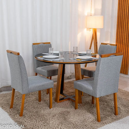 Mesa de Jantar Atlanta Redonda 120cm Vidro Preto/Base Madeira – Minas Plac + 4 Cad. Isabela Linho Cinza 05 Madeira KM Decor – Entregue Montada