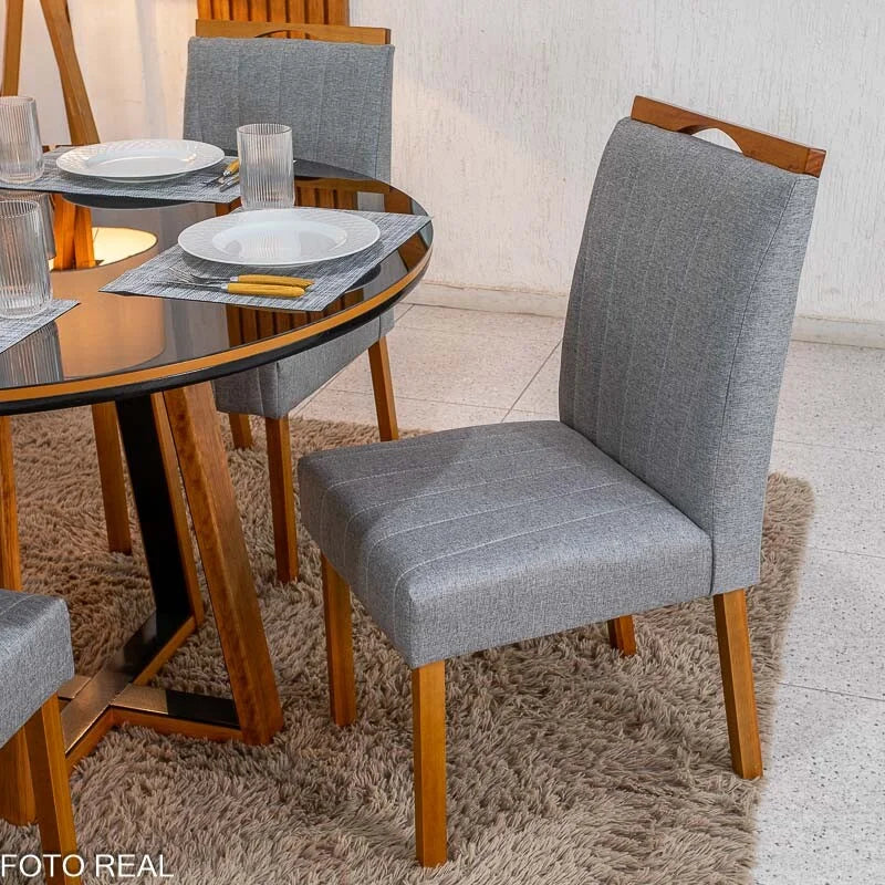 Mesa de Jantar Atlanta Redonda 120cm Vidro Preto/Base Madeira – Minas Plac + 4 Cad. Isabela Linho Cinza 05 Madeira KM Decor – Entregue Montada