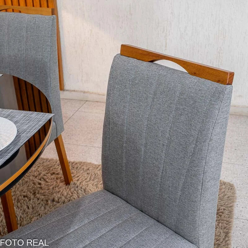 Mesa de Jantar Atlanta Redonda 120cm Vidro Preto/Base Madeira – Minas Plac + 4 Cad. Isabela Linho Cinza 05 Madeira KM Decor – Entregue Montada
