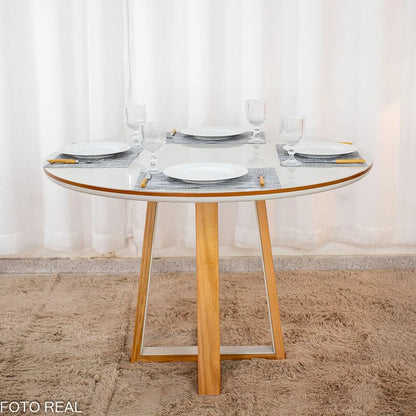 Mesa de Jantar Atlanta Redonda 120cm Vidro Off/Base Madeira – Minas Plac