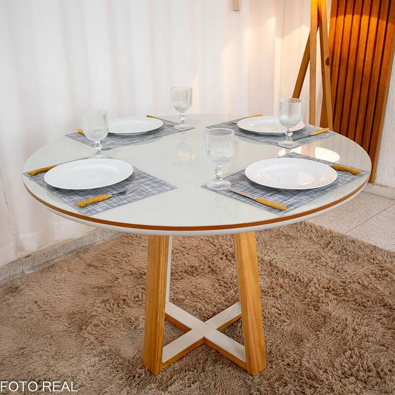 Mesa de Jantar Atlanta Redonda 120cm Vidro Off/Base Madeira – Minas Plac