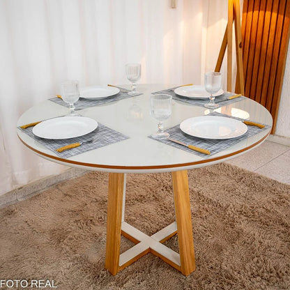 Mesa de Jantar Atlanta Redonda 120cm Vidro Off/Base Madeira – Minas Plac