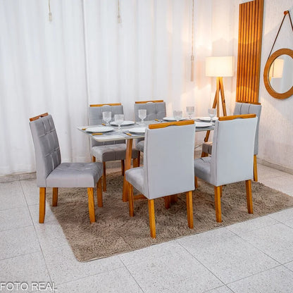 Mesa de Jantar Bali 160×80 Vidro Off/Base Madeira + 6 Cad. Londres Veludo Prata Madeira Minas Plac – Entregue Montada
