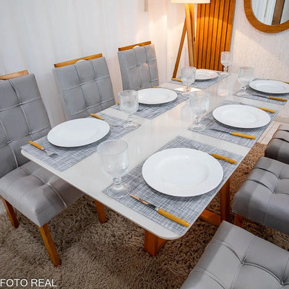 Mesa de Jantar Bali 160×80 Vidro Off/Base Madeira + 6 Cad. Londres Veludo Prata Madeira Minas Plac – Entregue Montada