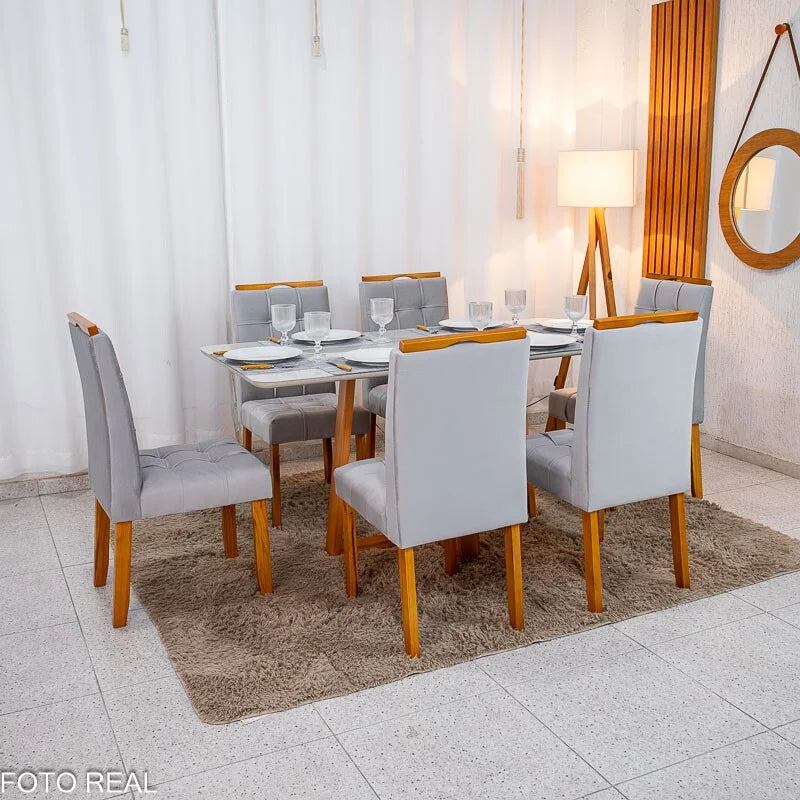 Mesa de Jantar Bali 160×80 Vidro Off/Base Madeira + 6 Cad. Londres Veludo Prata Madeira Minas Plac – Entregue Montada