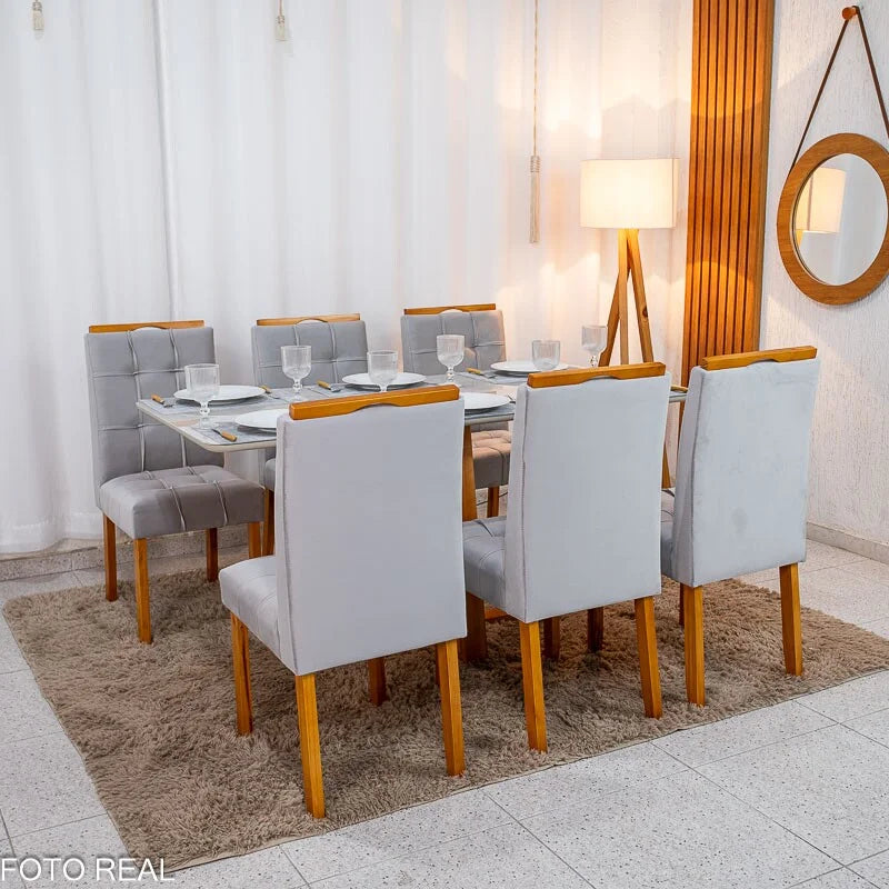 Mesa de Jantar Bali 160×80 Vidro Off/Base Madeira + 6 Cad. Londres Veludo Prata Madeira Minas Plac – Entregue Montada
