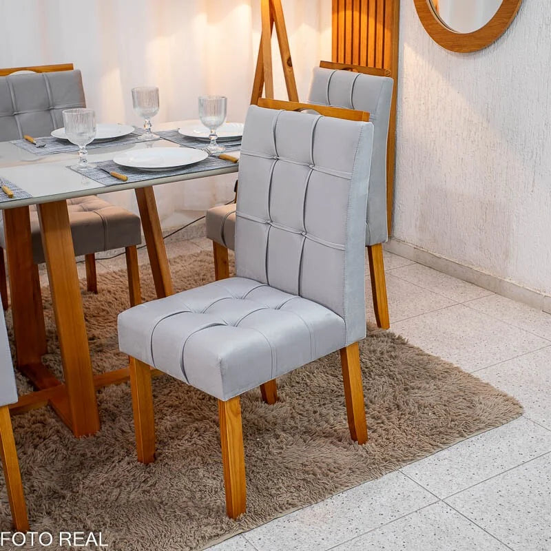 Mesa de Jantar Bali 160×80 Vidro Off/Base Madeira + 6 Cad. Londres Veludo Prata Madeira Minas Plac – Entregue Montada