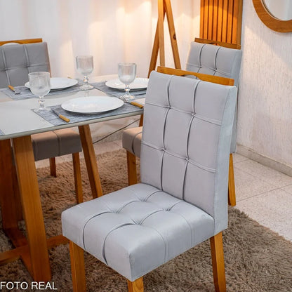 Mesa de Jantar Bali 160×80 Vidro Off/Base Madeira + 6 Cad. Londres Veludo Prata Madeira Minas Plac – Entregue Montada
